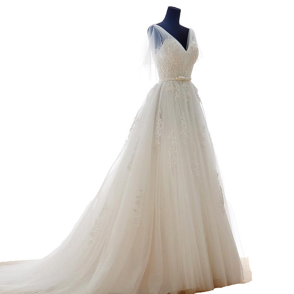 Kivary Tulle A Line Wedding Dresses Long V Neck Beaded Lace Appliques Bridal Gow