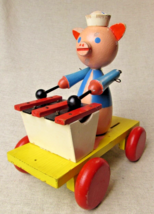Vintage Wooden Drumming Piggy Pull Along Toy - $30.44