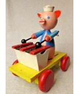 Vintage Wooden Drumming Piggy Pull Along Toy - $30.44