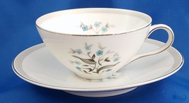 Meito Orleans Tea Cup and Saucer Turquoise Floral w Gray Band Platinum 6 oz - £9.79 GBP
