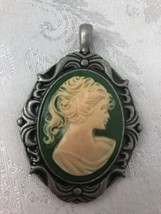 Cameo Pendant Green Background On Pewter 3” Length Vintage Lady Head - £16.15 GBP