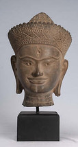 Antique Angkor Wat Style Stone Mounted Khmer Buddha Head - 39cm / 16&quot; - $2,431.55