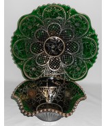 2 pc Set Forest Green SILVER OVERLAY Glass Platter and Bowl - $79.19