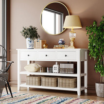 Retro Design Console Table with Two Open Shelves, Pine Solid Wood - Antique Whit - £223.29 GBP