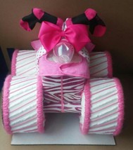 Pink and White Zebra Themed Baby Girl Shower Four Wheeler Diaper Cake - £70.71 GBP