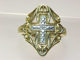 GOLD VERMEIL CROSS RING with Genuine DIAMOND ACCENT - Size 7 - £75.76 GBP