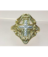 GOLD VERMEIL CROSS RING with Genuine DIAMOND ACCENT - Size 7 - £76.40 GBP