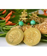 Vintage Kenneth Lane Earrings Signed Asian Chinese Symbols Long Life - £39.92 GBP