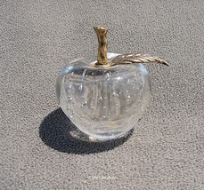 Clear Art Glass Apple Paperweight With Controlled Bubble and Brass Stem, Vintage - £14.78 GBP