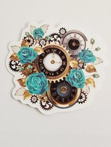 Teal Colored Roses with Gold Leaves Clocks and Gears Sticker Decal Embel... - £1.90 GBP