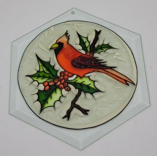 Primary image for Vtg Cardinal Bird Glass Suncatcher Christmas Winter Ice Frosted Ivy Mistletoe 