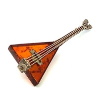 Vintage Sterling Silver 925 Mounts Amber Stone Musical Guitar Brown pin Brooch, - £38.89 GBP