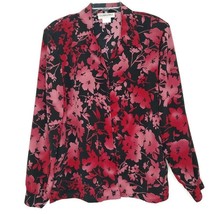 DonnKenny Womens Size L Blouse Button Front Long Sleeve V-Neck Red Black Floral - £10.33 GBP