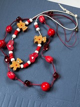 Lot of Long Red Dyed Seed &amp; Plastic Bead on Cranberry Cord &amp; Painted Wood Heart - £9.02 GBP