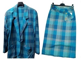 Women&#39;s Jacket Single-Breasted Skirt Summer Viscose Linen Blue Tartan 42 44 - £29.55 GBP+