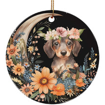 Funny Dachshund Puppy Dog Moon &amp; Flower Christmas Ornament Ceramic Gift Decor - £11.80 GBP