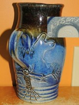American Folk Art 8.5&quot; Pitcher Centipede handle Blue Brown drip glaze Si... - $31.49