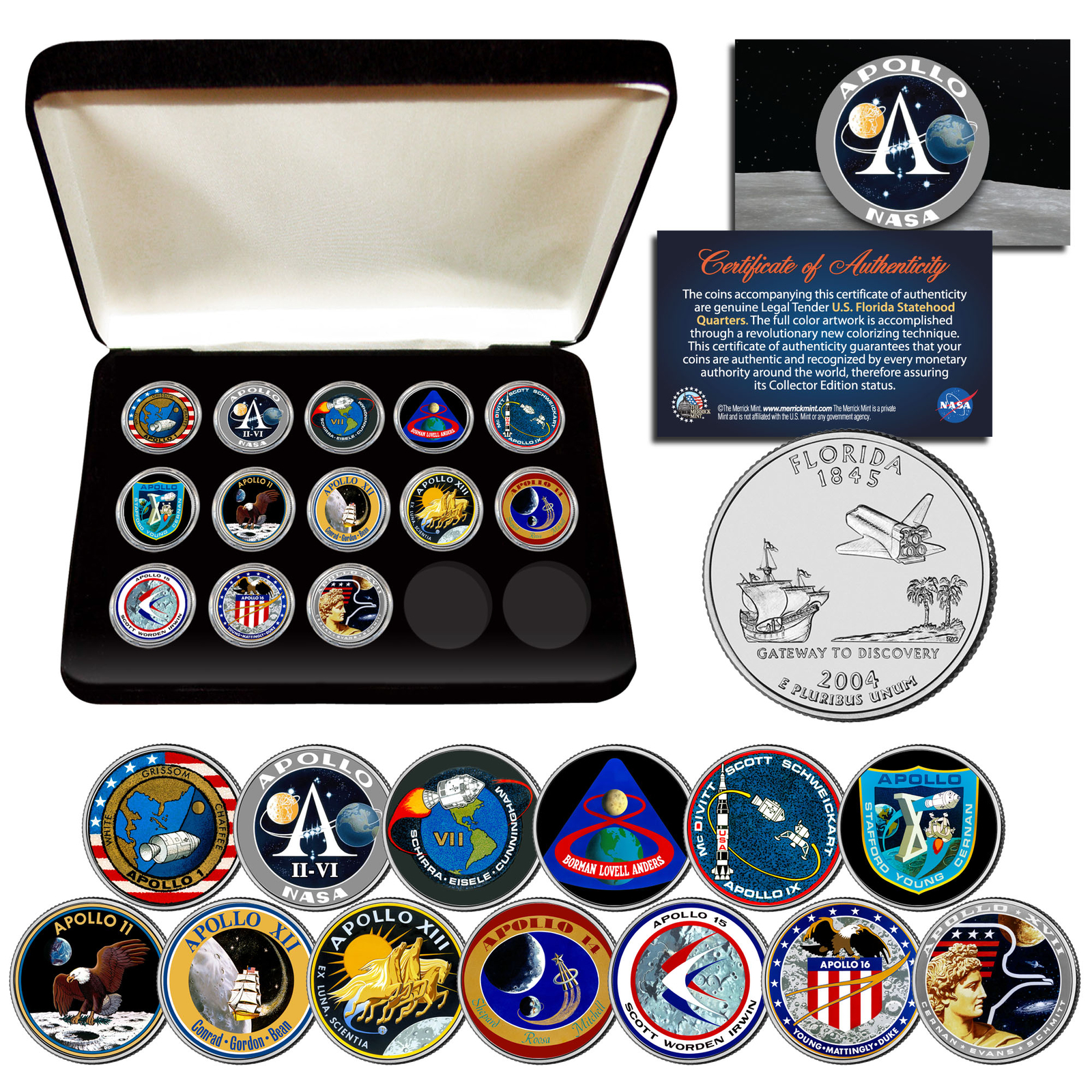 APOLLO SPACE MISSIONS U.S Quarters 13-Coin Complete Set NASA PROGRAM wit... - $69.95