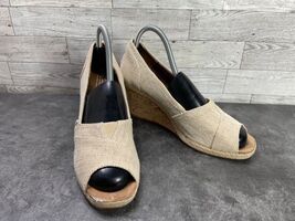 Toms Slip On Wedges Women 9 M Amery Shoes Beige Canvas Peep Toe Casual C... - $284.97 MXN