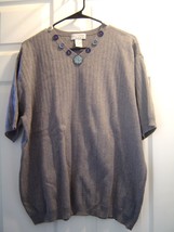 Women&#39;s Covington size L Gray Short Sleeve Sweater Blue Collar Button Ac... - £7.97 GBP