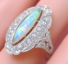 Edwardian To Deco 1.12ctw Diamond &amp; Marquise Opal Platinum Cocktail Ring Sz 8.25 - £3,299.46 GBP