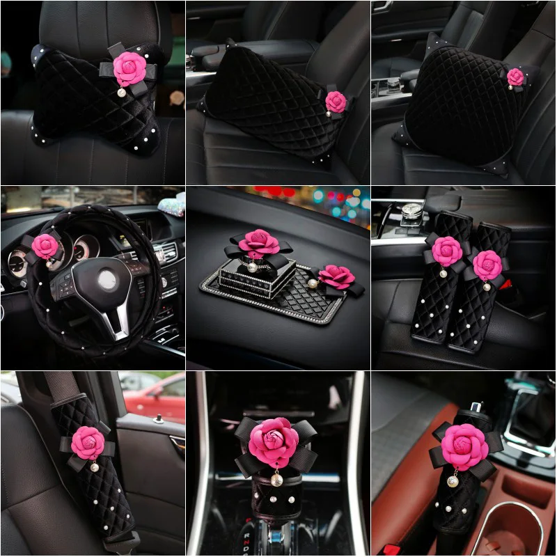 Cute Plush Rose Flower Crystal Car Seat Interior Steering Wheel Cover Headrest - £12.64 GBP+