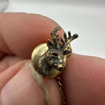 Vintage Brass Stag Deer Head Tie Tack Lapel Pin With Chain &amp; T-Bar Clasp - £7.50 GBP