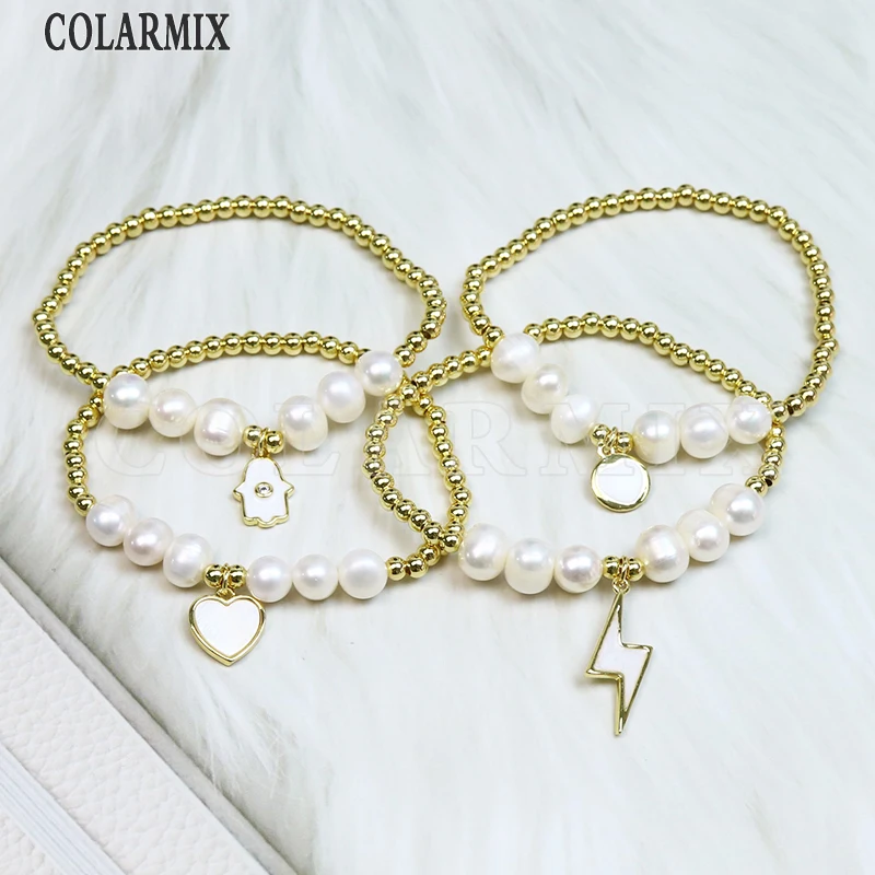 5 Pcs Handmade Beaded Shell Charms Bracelet  Fresh water pearls Beaded Chain Fas - £56.03 GBP