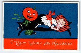 Halloween Postcard Fantasy Strange Goblin Scares Little Girl Gibson Antique - £86.91 GBP