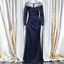 $209 Adrianna Papell Illusion Satin Gown 12 Large Dark Blue Formal Hip Pleat NWT - £134.15 GBP