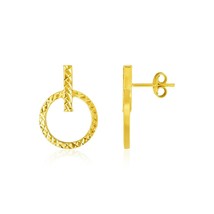 14k Yellow Gold Textured Women&#39;s 0.75in Open Circle and Bar Post Earrings - £153.26 GBP