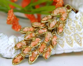 Vintage Pink Coral Chips Nuggets Leaf Pendant Salmon Articulated Gold - $27.95
