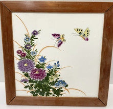 Vintage Ceramic Hand Painted Tile Trivet Framed Wall Hanging Butterflies Floral - £15.70 GBP