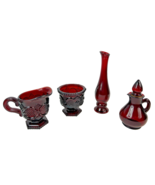 Avon 1876 Cape Cod Ruby Red Strawberry Top Bottle, Vase + Creamer &amp; Suga... - $19.80