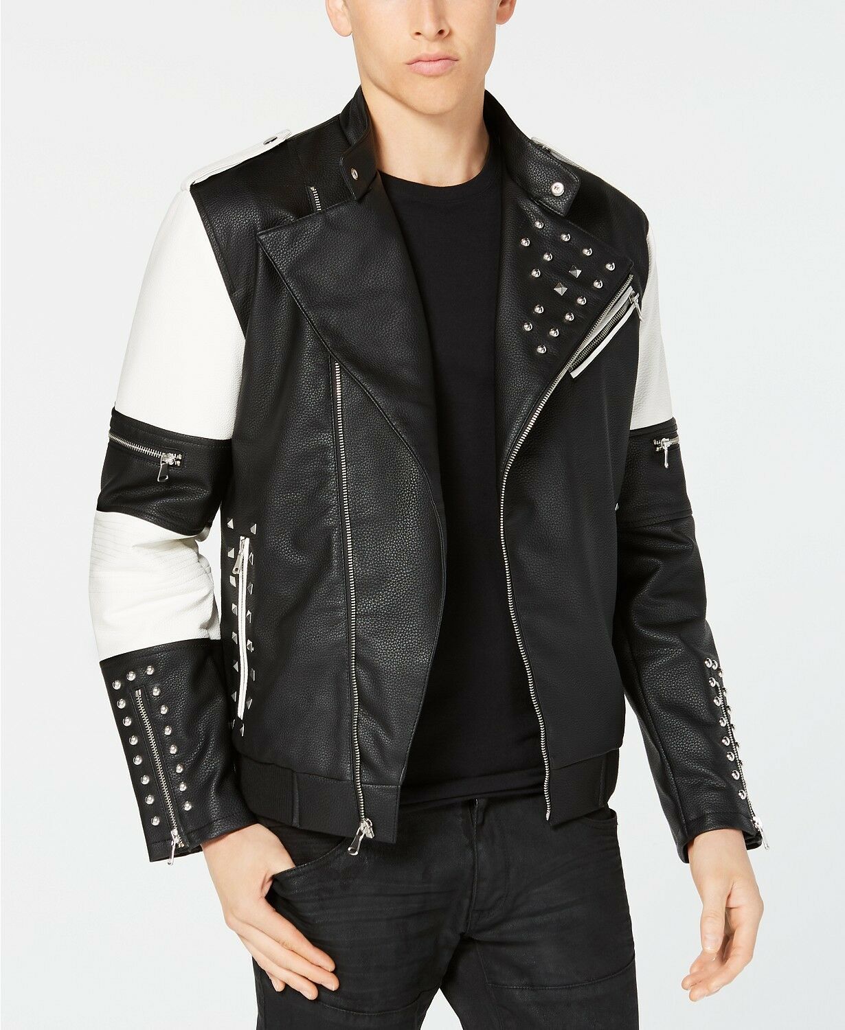 Two Tone Black White Cont Tab Collar Genuine Leather Silver Studded Biker Jacket
