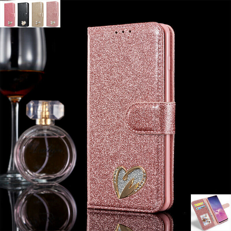 For Samsung Galaxy S7 S9 S21+ A21S Glitter Magnetic Leather Wallet Case Cover