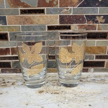 2 Vintage Gold Leaf Glass Tumblers, Flat Bottom 5-1/4&quot; tall 14 oz, Mid Century - £15.14 GBP