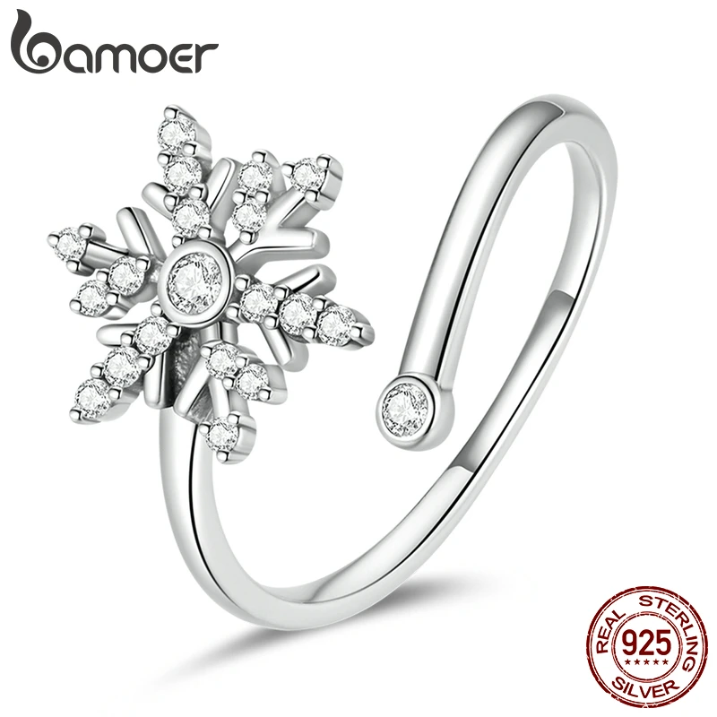 White Crystal 925 Sterling Silver Snowflake Open Ring for Women Winter Christmas - £19.91 GBP