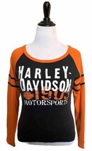Harley Davidson Motorcycle Top Large Black Orange Long Sleeve Fitted Tee Shirt - £31.01 GBP