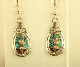 Vtg Navajo Sterling Native American Inlay Multi Stone Hook Earrings by W.C.B. - £51.43 GBP