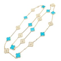 Van Cleef &amp; Arpels 18k Yellow Gold 20 Motif Alhambra Diamond Turquoise Necklace - £139,887.29 GBP