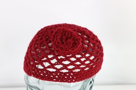 NOS Vtg 70s Streetwear Crochet Wool Knit Flower Skull Beanie Hat Red Womens OS - £30.92 GBP