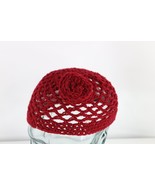 NOS Vtg 70s Streetwear Crochet Wool Knit Flower Skull Beanie Hat Red Wom... - £31.07 GBP