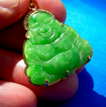 Earth mined Green Jade Laughing Budai Pu Tai Vintage Pendant 18k Gold good Luck - £1,432.22 GBP
