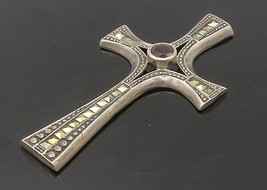 925 Silver - Vintage Garnet &amp; Marcasite Shiny Religious Cross Pendant - PT12159 - £33.17 GBP