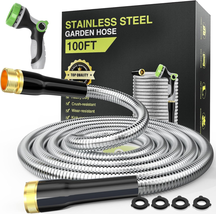 100Ft Garden Hose, Heavy Duty Stainless Steel with Nozzle, 3/4&quot; Fittings - £75.27 GBP