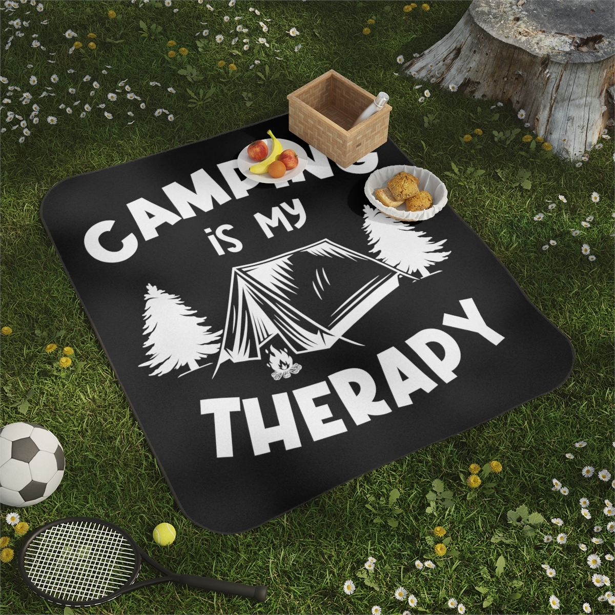 Camping is my Therapy Picnic Blanket, Black and White Tent Illustration, Soft Mi - £49.22 GBP