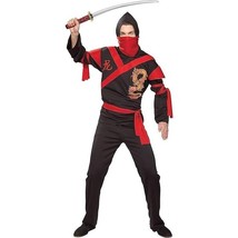 NEW Red Black Ninja Halloween Costume Men&#39;s OS Standard Shirt Pants Sash Scarf - £23.84 GBP