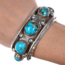 6.25&quot; Vintage Navajo hand stamped heavy sterling/turquoise row cuff bracelet - $643.50