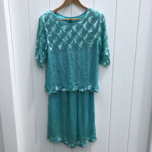 Vtg Sequin Skirt Shirt Blouse Set Blue Top Short Sleeve Midi Scalloped S... - £39.03 GBP